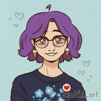 A piccrew image of a smiling white girl with short purple hair. She's wearing glasses, a navy blue shirt with light blue flowers, ice cream cone earrings, and a heart pin. Sketchy hearts float around her.
